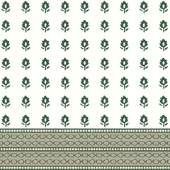 Freehand Tulips with White Pearls and Round Eye and Geometrical Border Vector Block Print Design