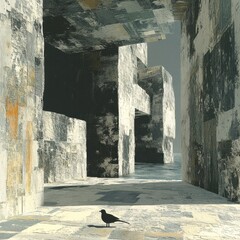 Solitary Bird in a Post-Apocalyptic Architectural Maze