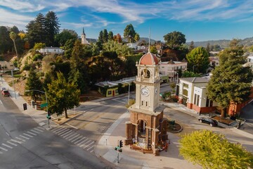 Clock tower in downtown Santa Cruz, California, USA. The tower is a local landmark and gathering...