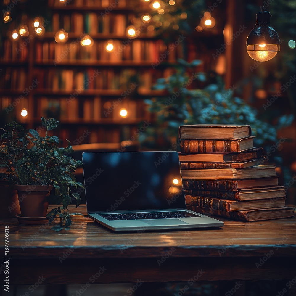 Poster a cozy and inviting study space with a wooden desk a laptop and a bookshelf filled with books illumi