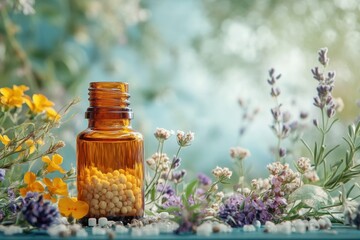 Aromatic amber bottle surrounded by colorful flowers in a serene outdoor setting