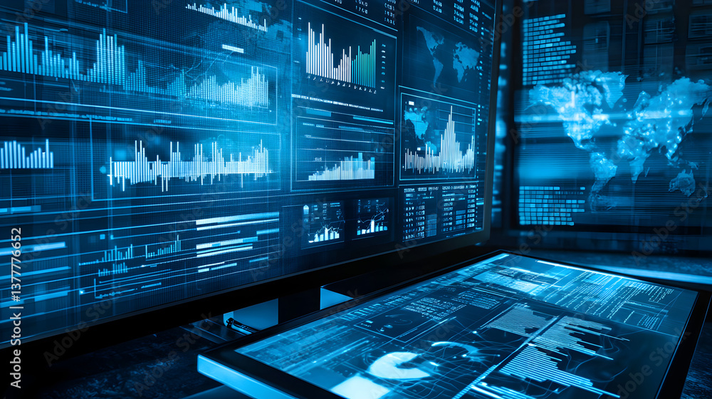 Poster data visualization analysis technology workspace digital interface modern environment high-tech view