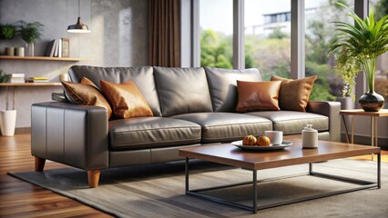 Modern Grey Leather Sofa with Brown Accent Cushions & Coffee Table - Tilt-Shift Photography