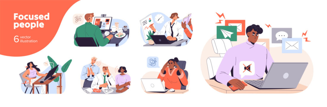 Focused people concept set. Concentrated employees work at the computer, ignore distractions. Office workers are disturbed, but they don't pay attention. Flat isolated vector illustrations on white