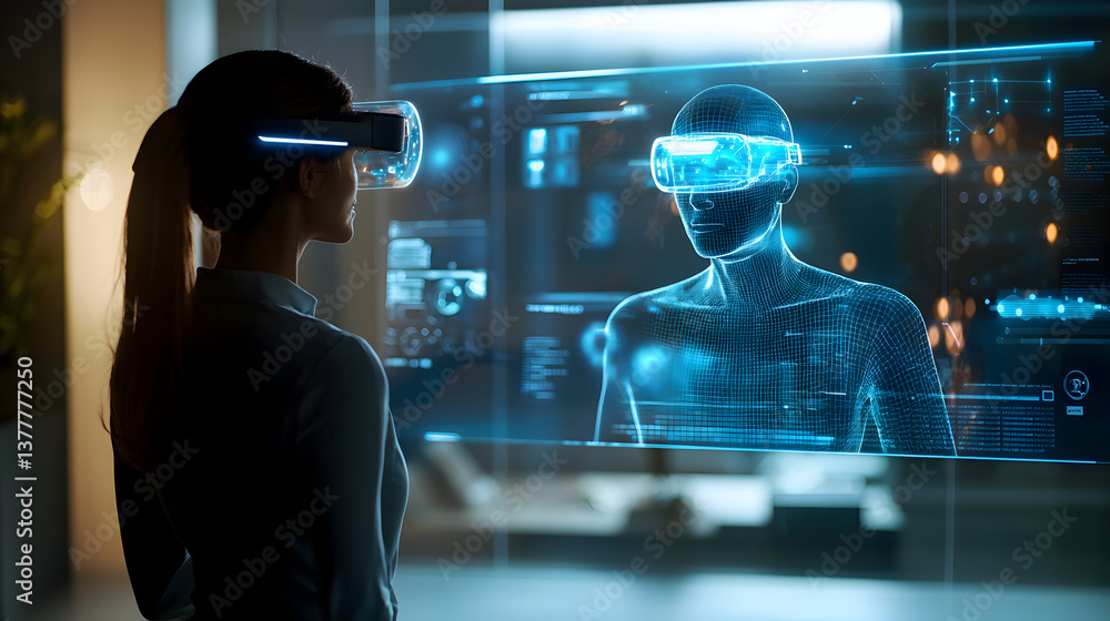 Poster exploring virtual reality technology modern office digital interaction futuristic environment user p