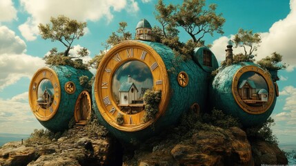 A whimsical clock-shaped village perched on a rocky outcrop, nestled amongst trees, under a vibrant sky