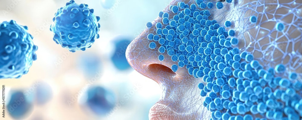 Poster blue exosome particles in scientific and sphere concept. close-up of particles interacting with a hu