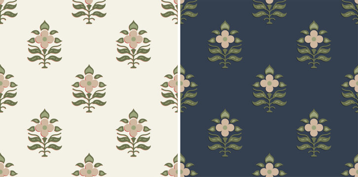 Floral Ajrakh Block Print Repeat Vector Pattern 