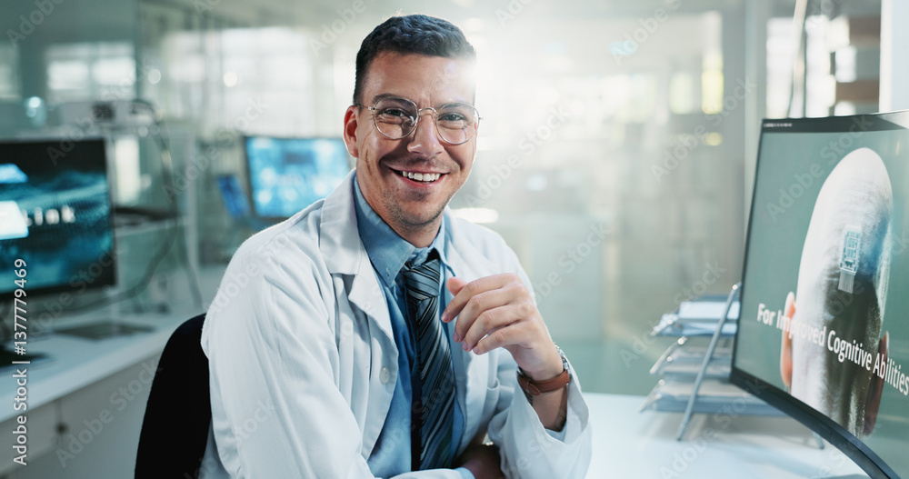 Fototapete Scientist, computer screen and portrait in office for research, AI brain system development or happy for innovation. Man, medical engineer or future tech in lab for cognitive interface with microchip