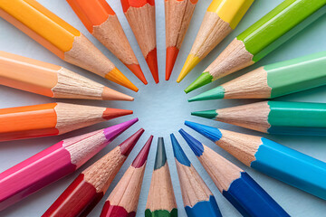 Naklejka premium Circular Arrangement of Colorful Pencils on Light Blue Background, Education and Creativity Concept.