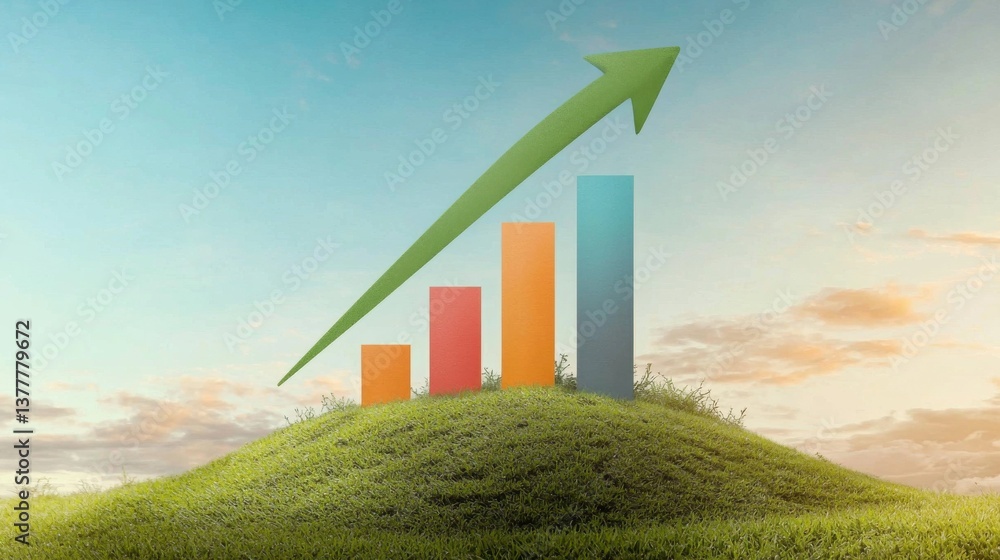 Poster a surreal and visually striking digital representation of a business growth chart with an upward poi
