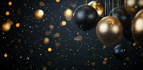 Elegant black and gold ornaments with glitter on dark background
