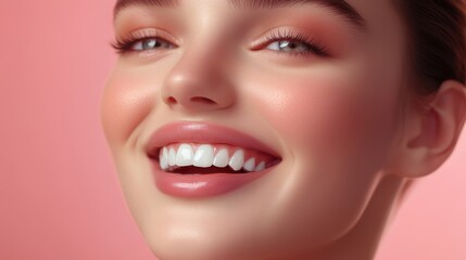 Fototapeta premium Radiant female model showcasing vibrant health and joy, set in a stylish dental clinic adorned in serene tiffany hues
