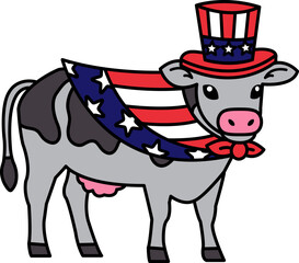 isolate illustration of Cow with American flag hat and scarf
