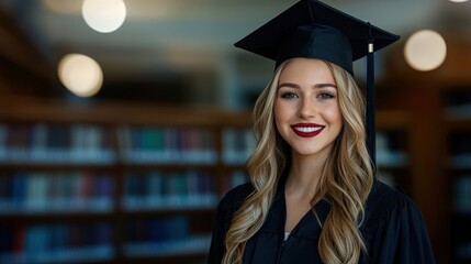 A young female university graduate wearing a black academic gown and mortar board cap smiles proudly celebrating her academic achievement and future career prospects