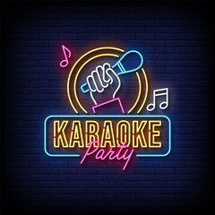 karaoke party neon sign with brick wall background vector