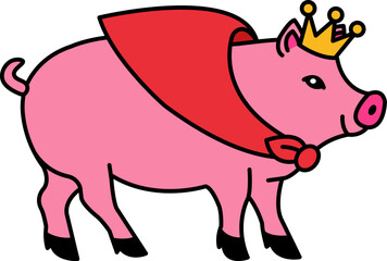 isolate illustration of Pig with crown and cape