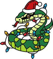 Fototapeta premium isolate illustration of Snake wearing a Santa hat and having wires wrapped around it
