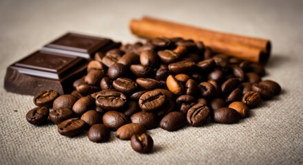 Naklejka premium Rich coffee beans, dark chocolate, and cinnamon sticks on a neutral background