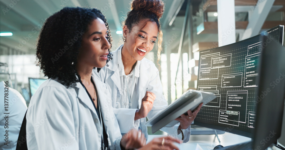 Poster tablet, computer and women in laboratory with teamwork for data analysis, research and advice. scien