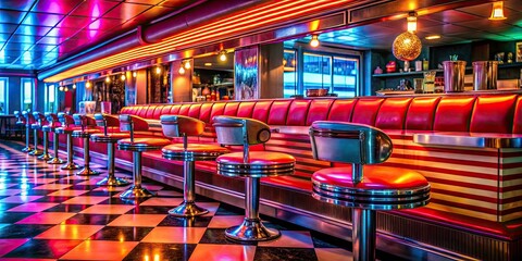 Fototapeta premium Retro Diner Night, Chrome & Vinyl, Low Light Photography, Vintage Diner Scene, 50s Diner, Nighttime Diner