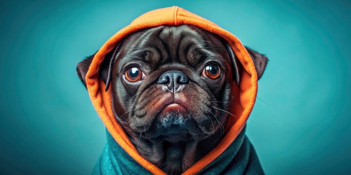 Cute Pug Puppy in Costume, Funny Black Dog Portrait, Studio Photography, Pet Hood