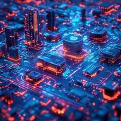 Futuristic Cityscape on a Circuit Board Digital Metropolis