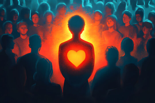 An illustration of a person with a glowing heart, standing confidently in front of a crowd, symbolizing the power of self love and belief in oneself.