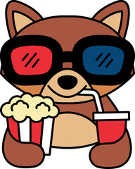 isolate illustration of Raccoon wearing 3D glasses with popcorn and soda