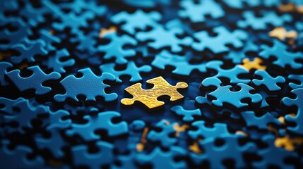Bright golden puzzle piece stands out among numerous blue pieces on a table, creating a striking contrast in a vibrant and engaging puzzle arrangement