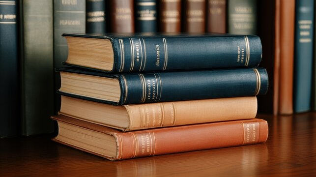 Stacked vintage books on a wooden table in a cozy library setting showcasing classic literature and rich colors in warm lighting - Powered by Adobe