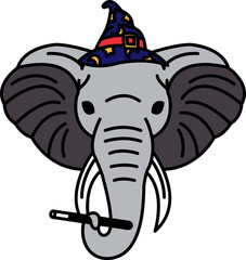 isolate illustration of Elephant wearing wizard hat and magic wand