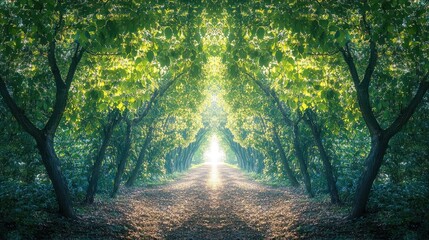 Obraz premium Enchanting forest trail beckons walkers with sunlight streaming through aligned trees, inviting serenity and discovery on a peaceful morning journey