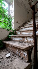 Obraz premium Dilapidated stairway leads to an overgrown upstairs area in an abandoned building during daylight
