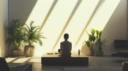 Woman meditating on a platform backview. Silhouette of Person in Sunlit Minimalist Plant-filled Space. 
