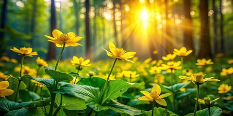 Obraz premium Springtime Yellow Flowers Green Forest Photography - Nature Scene Image