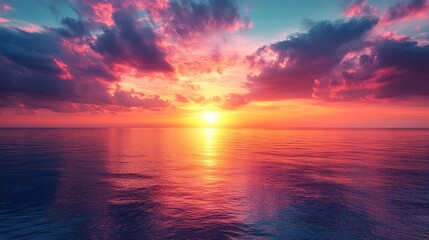 Dramatic sunset over calm ocean, vibrant colors