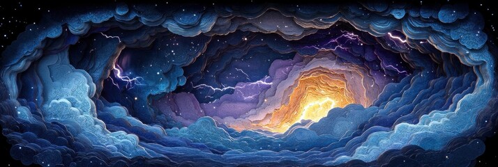 Celestial Cave A Dreamlike Landscape of Clouds, Stars, and Lightning