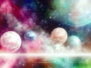 A colorful space scene with four planets and a lot of stars. The planets are of different sizes and colors, and the stars are scattered throughout the scene. Scene is one of wonder and awe