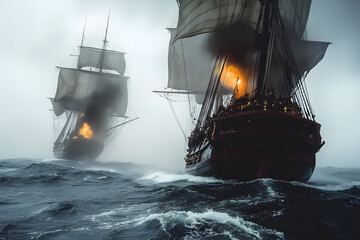 Obraz premium Pirate ship engages in fierce battle against Spanish merchant galleon during stormy sea