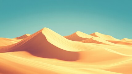 Golden sand dunes bathe in warm sunlight, showcasing striking geometric patterns and deep shadows under a serene, expansive sky