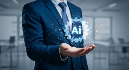 Elegant businessman presenting a glowing AI gear mechanism in a modern office setting