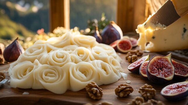 Swiss Tte de Moine Cheese being finely shaved into delicate rosettes golden hour sunlight streaming through alpine chalet window wooden cheese board with figs and walnuts