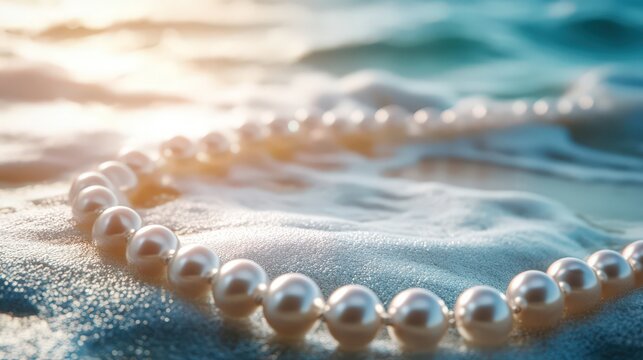 A beautiful pearl necklace is resting on a sandy beach