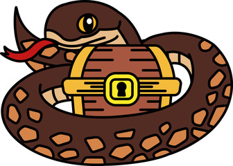 isolate illustration of Snake wrapped around a treasure chest