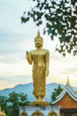 Vertical photo of beautiful buddha image at sunset in Northern, Laos
