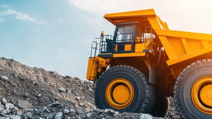 Fototapeta premium Majestic Heavy Machinery Engaged in Mineral Extraction at Open Pit Mine Against Clear Sky
