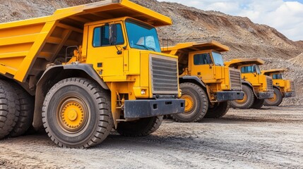 Fototapeta premium A fleet of large yellow dump trucks awaits their next task at a bustling mining site in the valley