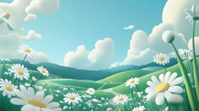 Whimsical meadow with white daisies under a bright blue sky and rolling hills