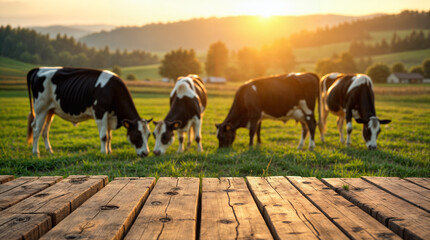 Empty wooden table with dairy field background, advertising, product mockup